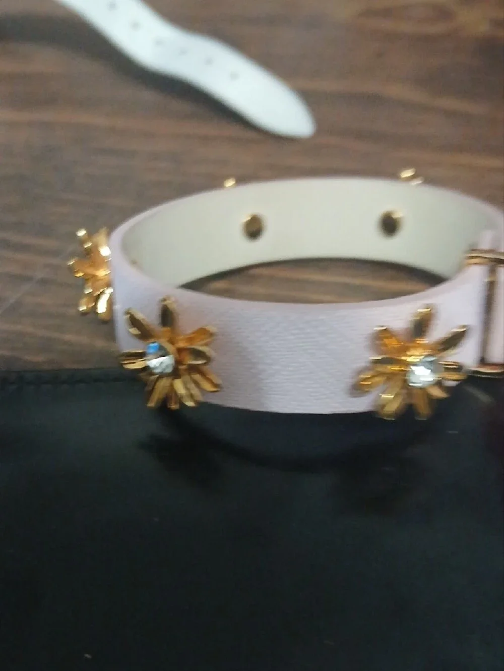 Kate Spade NWT Women's Pink Leather Cuff Bracelet with Gold And Rhinestone Flowe